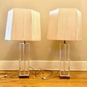 Pair Vintage Lucite and Brass Lamps with original shades Hansen